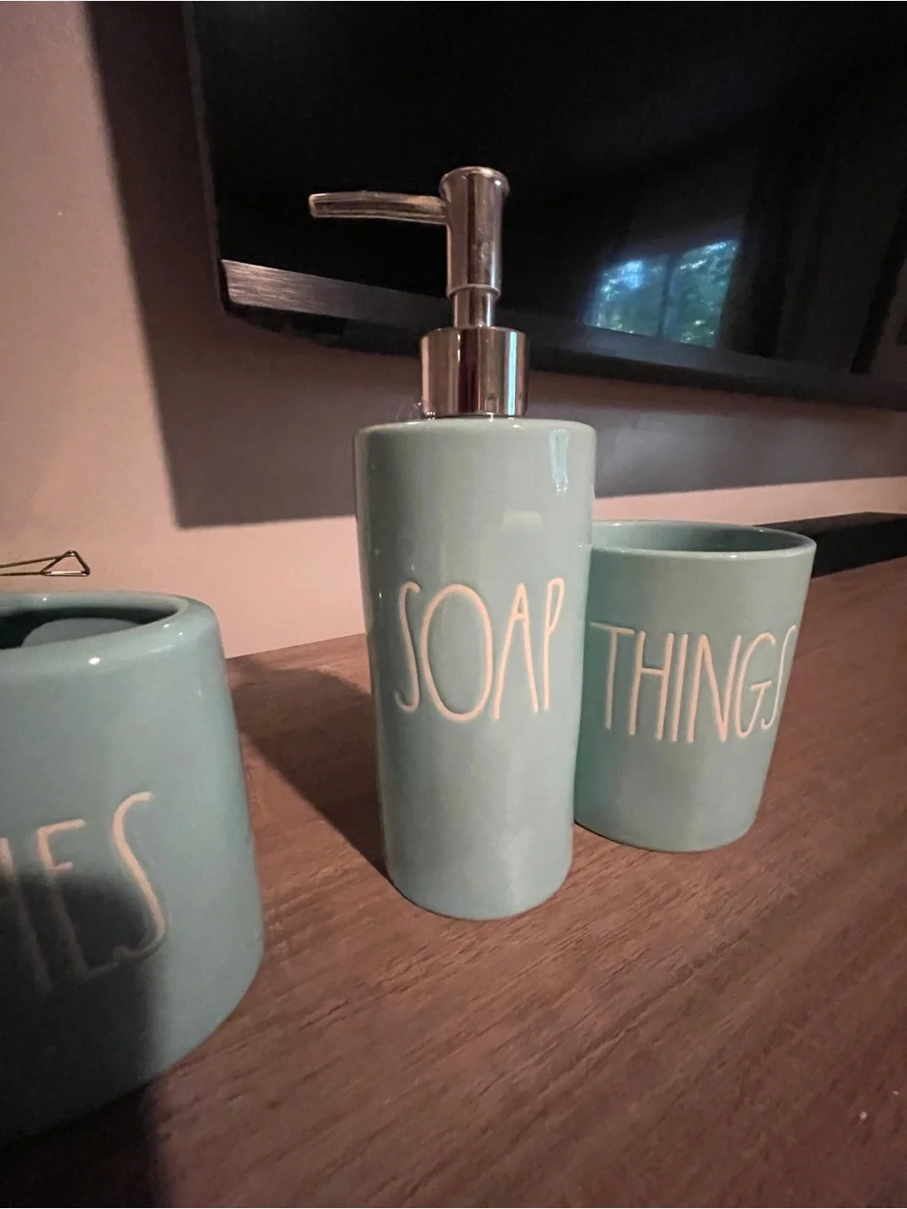 Rae Dunn Aqua Ceramic Bath Accessory Set - Soap, Brushes, Things